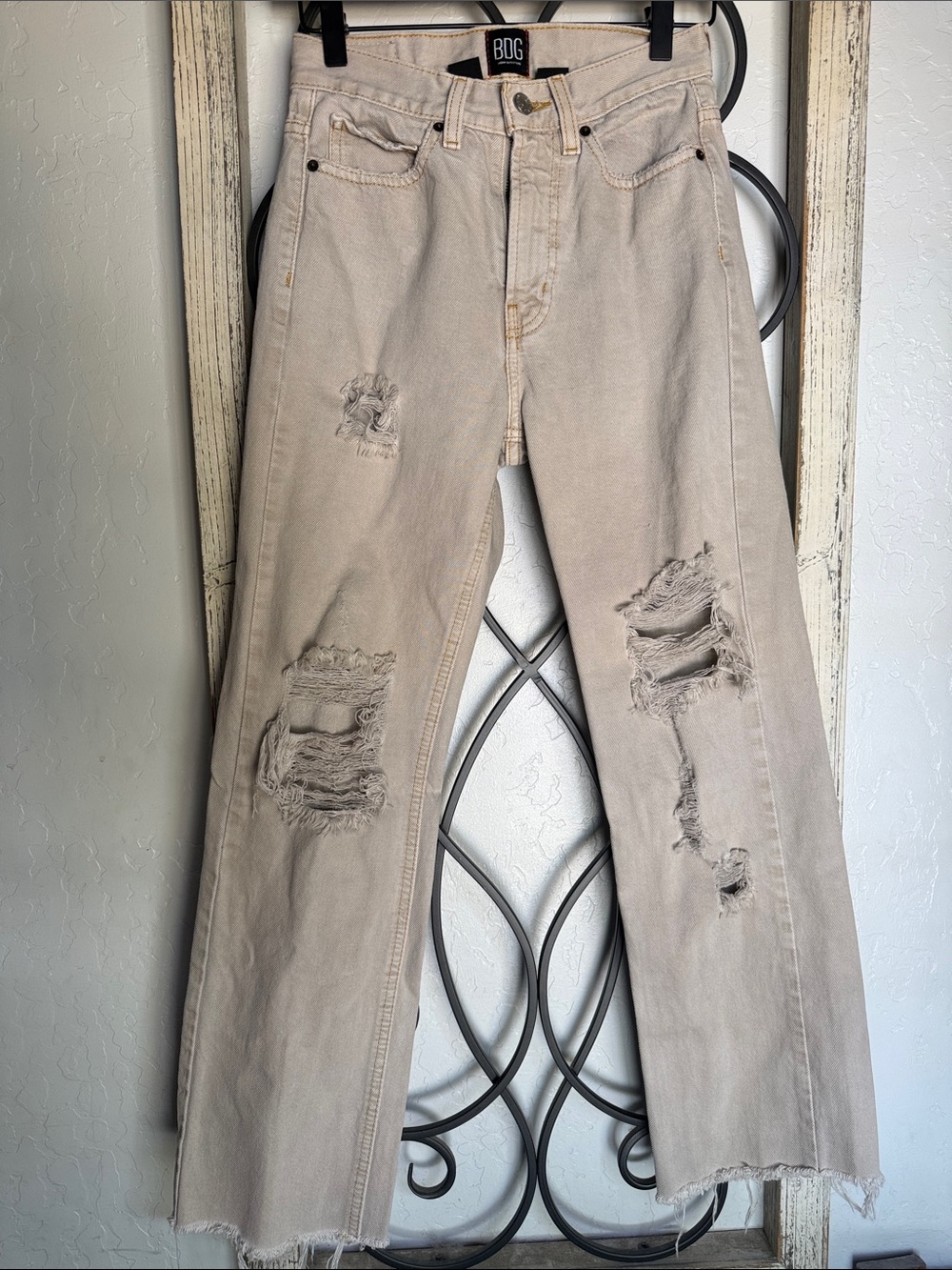 BDG Beige Distressed High-Rise Straight Jeans